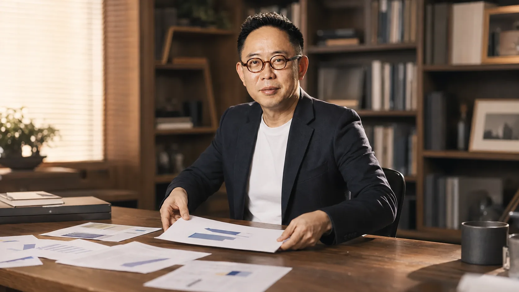 여러 장의 서류와 도표를 한 장으로 정리하는 모습